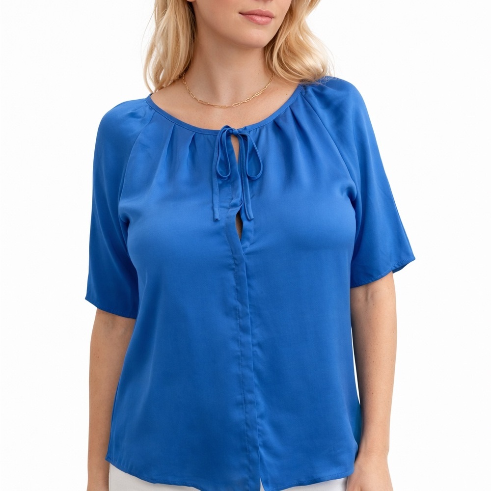 Royal Blue Tie-Neck Short Sleeve Blouse – Flowy Lightweight Work Top